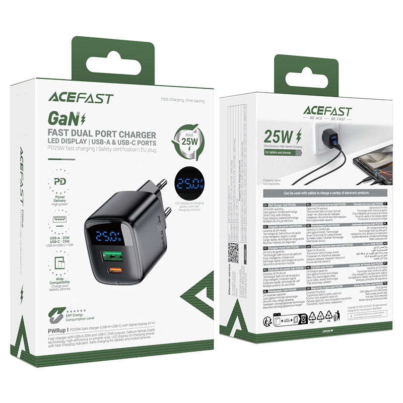 Fast Charge Wall Charger A114 PD25W GaN (1xUSB-A+1xUSB-C) EU